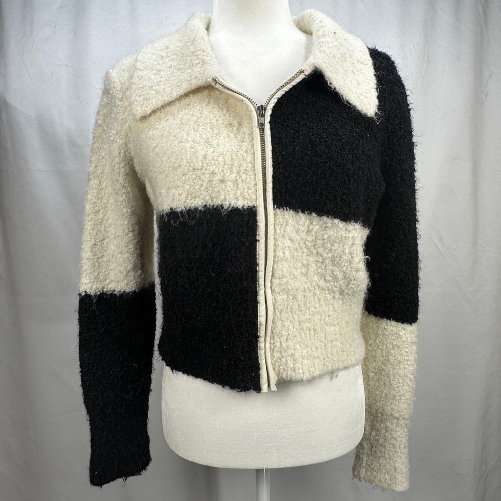 Lush Womens Colorblock Boucle Full Zip Sweater Black Cream Wool Blend Cropped